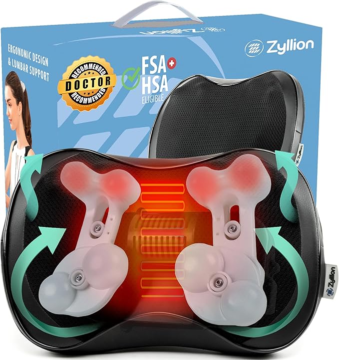 Zyllion Shiatsu Back and Neck Massager with Heat - 3D Electric Kneading Deep Tissue Massage Pillow with 8 Massaging Nodes for Muscle Pain Relief Black ZMA-25