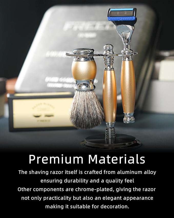 FREED Customized gifts Engraving Luxury Men's 5-Blade Razor set Aluminum Alloy Material incloud 4 Bladesrazor standrazor brushIt's the best gift for men (Gold)