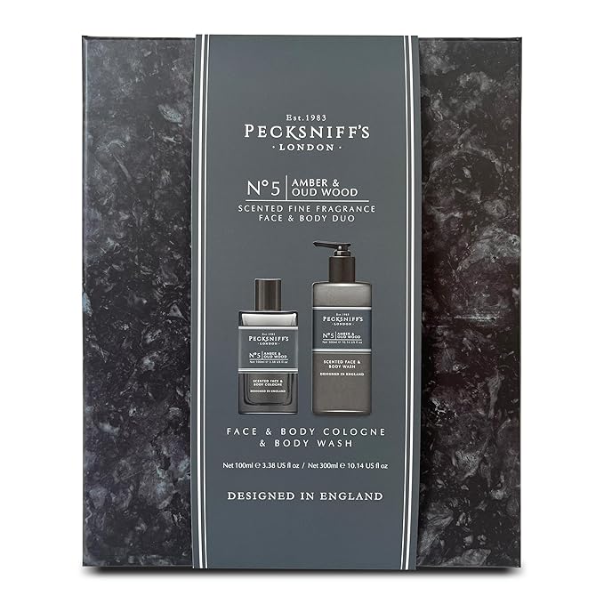 Pecksniff's Face &amp Body Duo Amber &amp Oud Wood – Men’s Grooming Gift Set with 100ml Face &amp Body Cologne and 250ml Body Wash – Luxury Fragrance Collection Made in England