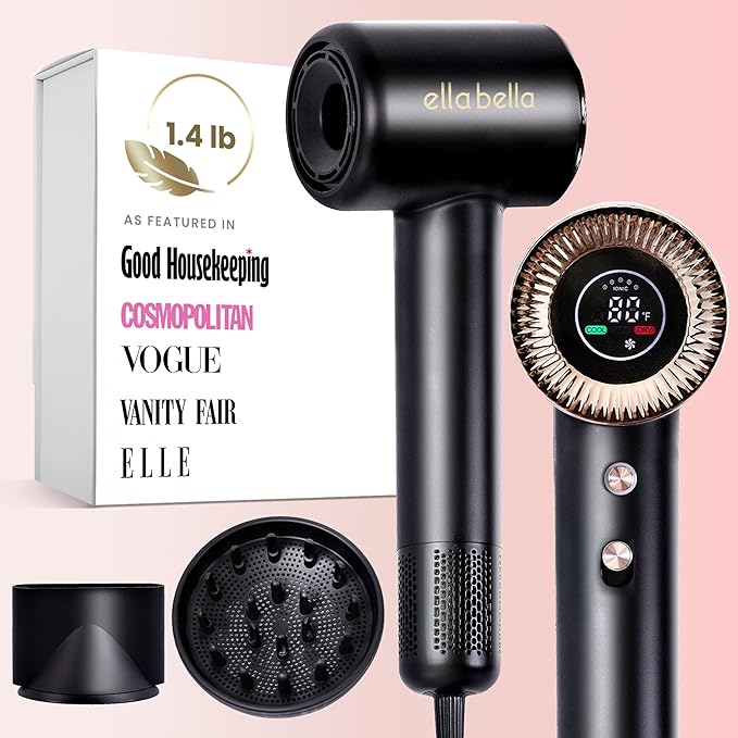 ELLA BELLA® Compact Plasma Hair Dryer Advanced Plasma Technology Blow Dryer with Digital Display Rapid Drying Low Noise &amp Luxury Velvet Travel Bag - Includes Diffuser &amp Nozzle- for All Hai