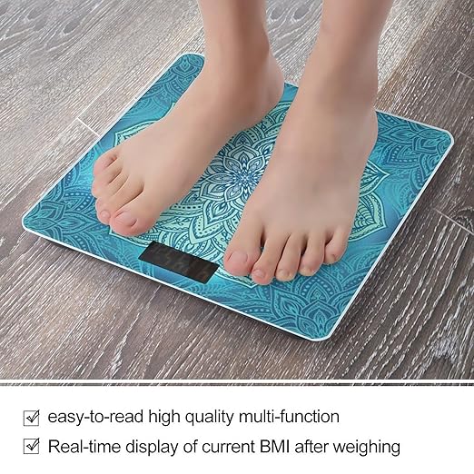 Blue Bohemian Pattern Scale for Body Weight Digital Bathroom Scale Precision Smart Weighing Scales with Clear LED Display Accurate High Precision Scales Weighing Machine