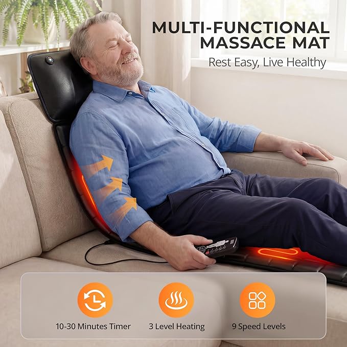 Shiatsu Full Body Massage Mat with Heat Detachable Massager Pad 10 Vibrating Motors 9 Intensity Levels Deep Tissue Pain Relief for Back Neck &amp Legs – Relaxation at Home or Office
