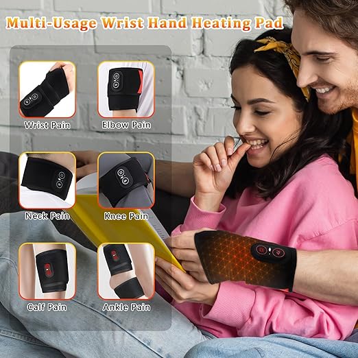 Cordless Wrist Heating Pad Vibration Massage Heated Wrist Brace Rechargeable Hand Heating Pad Wrist Wrap for Carpal Tunnel Relief Left Right Hand Pain Relief for Women Men 3 Heat Vibration Levels