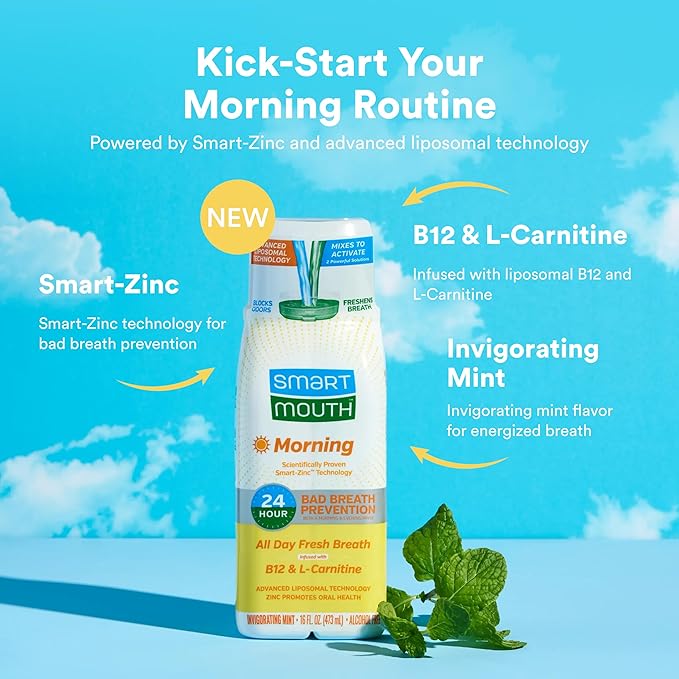 SmartMouth Advanced Liposomal Morning Mouthwash - All-Day Fresh Breath - Vitamin B12 &amp L-Carnitine - Dual-Solution Zinc-Activated Morning Mouthwash - Invigorating Mint Flavor - 16 fl oz Each 2-Pa