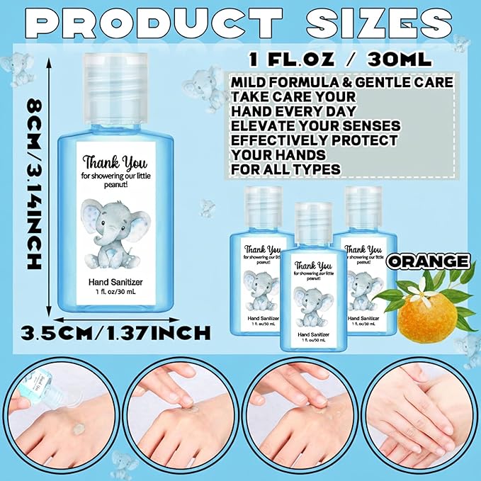 Gejoy 48 Pack Baby Shower Mini Hand Sanitizer Elephant Theme Baby Shower Party Favors for Guest Travel Size Thank You Gifts for Elephant Boy Gender Reveal Party Supplies