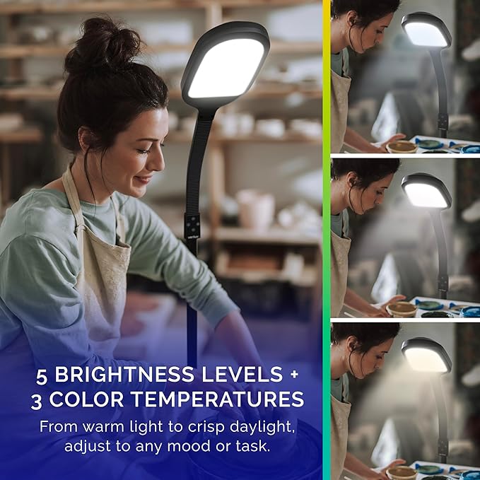 Verilux SmartLight Full Spectrum LED Modern Floor Lamp with Adjustable Brightness Flexible Gooseneck and Easy Controls - Reduces Eye Strain and Fatigue - Ideal for Reading Artists Craft (Black)