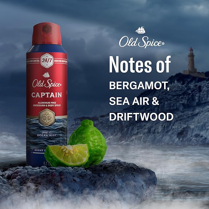 Old Spice Aluminum Free Body Spray for Men 24/7 Signature Scent &amp Lasting Freshness All-Day Odor Protection Easy Application Captain with Bergamot Sea Air &amp Driftwood Scent 5.1 oz (Pack