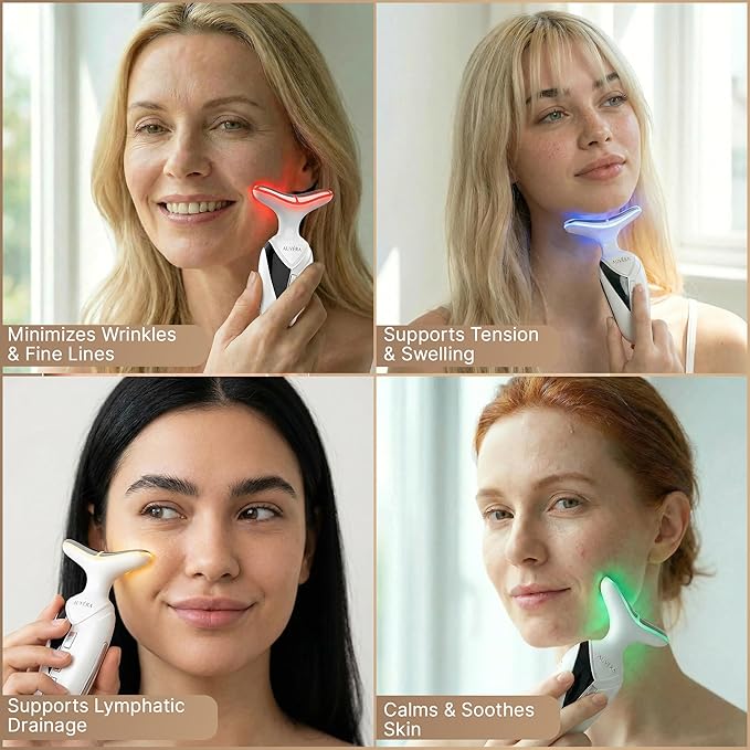 AUVERA 7-in-1 Face &amp Neck Beauty Massager with Light Therapy Heat and Smart Vibration for Wrinkles Fine Lines &amp Skin Tone | Multi-Light Therapy for Lift Radiance &amp Smooth Skin Z1 - Whi