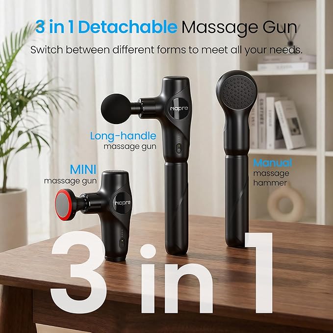 NAPRE 3-in-1 Detachable Massage Gun with HeatMini Massage Gun Deep Tissue with Extension HandlePortable Handheld Percussion Muscle Massager for Back/Neck/BodySmall &amp Quiet5 Heads