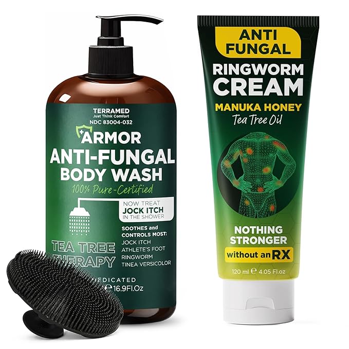 Antifungal Body Care Bundle – Tea Tree Oil Body Wash (16.9 oz) with Silicone Scrubber + Manuka Honey &amp Tea Tree Oil Cream (120ml) – Soothes Itchy Irritated Skin for Men &amp Women
