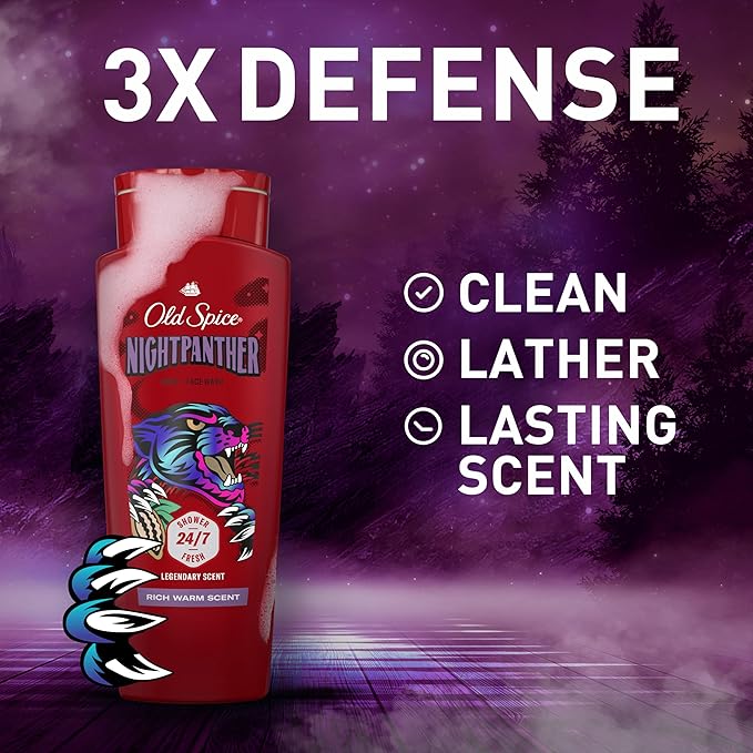 Old Spice Cleansing Body Wash for Men 3X Defense 24/7 Shower Fresh with Lasting Scent 2-in-1 Body &amp Face Wash NightPanther with Rich Warm Scent 24 oz (Pack of 4)