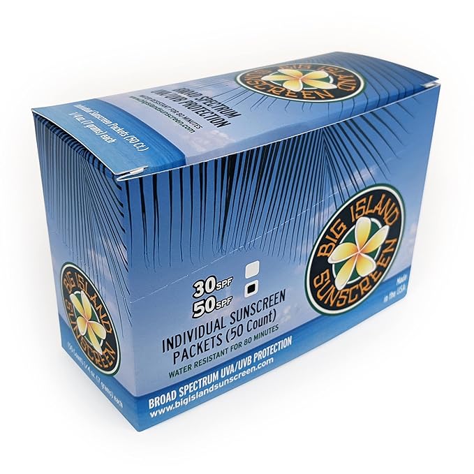 Big Island Sunscreen Single Use Sunscreen Lotion Packets - SPF 50 | Oil Free &amp Paraben Free | Coral Reef Friendly (Octinoxate &amp Oxybenzone Free) | 0.25 oz Individually Wrapped Packets (Box of