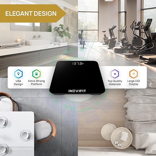 INEVIFIT Smart Bathroom Scale Highly Accurate Bluetooth Digital Bathroom Body Weight Scale Precisely Measures Weight &amp BMI for Unlimited Users (S-Black)