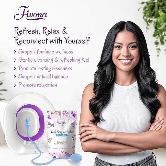 Fivona 3-in-1 Yoni Steam Kit - Bundle of V Steaming Herbs Blue Moon Recipe 1.76 Ounces (2-4 Steams) with Expandable V-Steam Seat and Hand Flusher for Detox Cleansing pH Balance and Odor Control