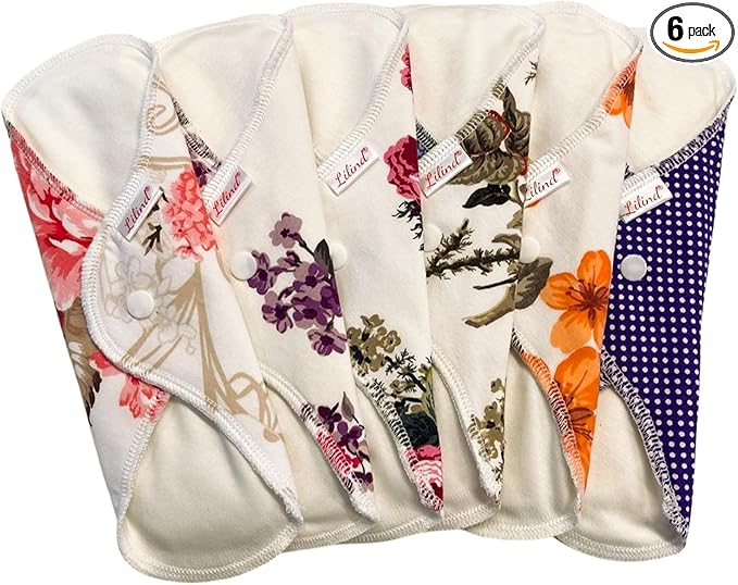 Lilind® 6 Pack Everyday 9 Regular Organic Cloth Pads on Random Color Reusable Menstrual Sanitary Napkins 100% Cotton