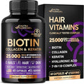 NUTRAHARMONY Biotin | Collagen | Hyaluronic Acid | Keratin - Support Normal Hair Growth Cycle - Skin &amp Nails - 25000mcg Vitamins B1 B2 B3 B6 &amp B7 - for Women &amp Men - Made in USA | 60 Ca