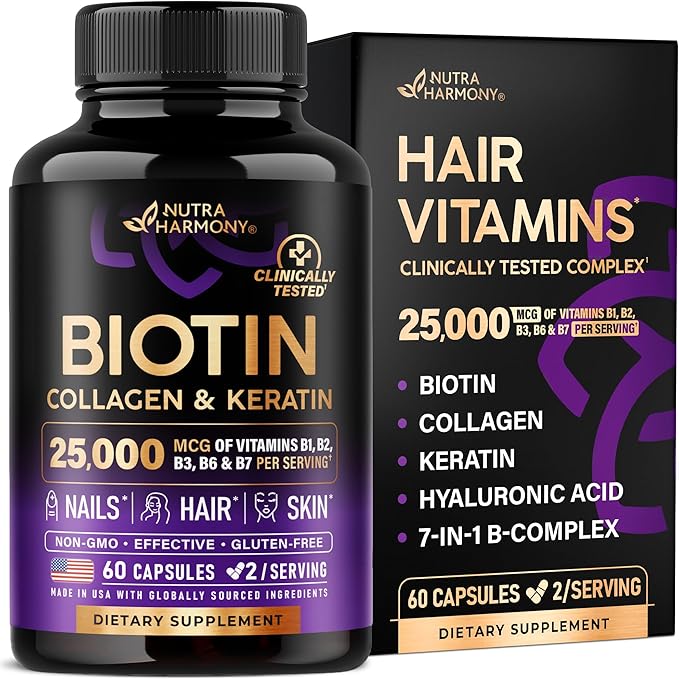 NUTRAHARMONY Biotin | Collagen | Hyaluronic Acid | Keratin - Support Normal Hair Growth Cycle - Skin &amp Nails - 25000mcg Vitamins B1 B2 B3 B6 &amp B7 - for Women &amp Men - Made in USA | 60 Ca