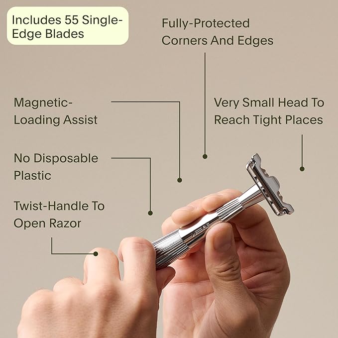 Leaf Thorn Razor by Leaf Shave All-Metal Single Blade Razor for Men and Women Fixed Head with Magnetic Load Assist Includes 5 Stainless Steel Blades - Face Shaving and Coarser Hair - Chrome