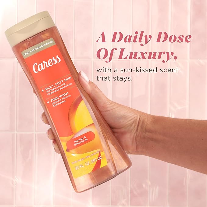 Caress Mango &amp Almond Oil Body Wash Hyaluronic Acid &amp Vitamin B3 for Moisturized Silky Soft Skin Long-Lasting Tropical Fragrance 20 fl oz (4 Pack)