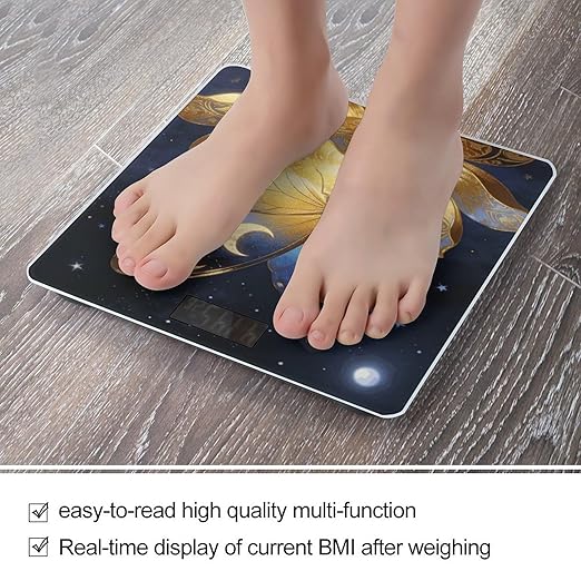 Golden Retro Fantasy Starry Moon Butterfly Weight ScaleClear LED Display Bathroom Digital Weighing ScaleTempered Glass Digital Bathroom Scale for Body Weight Capacity Up to 400 Lbs