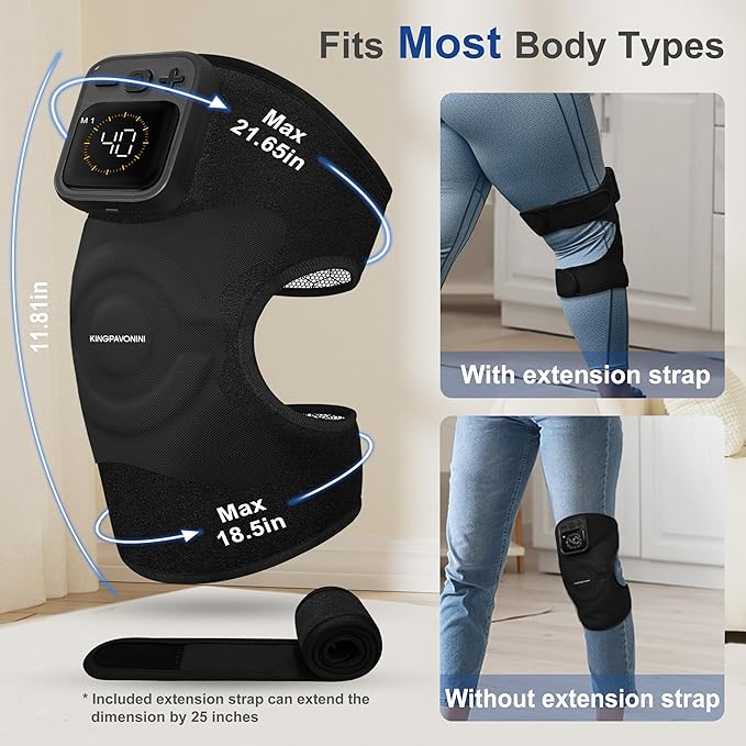 KingPavonini Cordless Knee Massager for Pain Relief Newly 4 Motors Vibration 5 Heat Levels 6 Massage Modes Knee Heating Pad for Knee Pain Heated Knee Massager Brace for Mom Dad (Black 2.0)