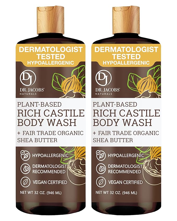 Dr. Jacobs Naturals Pure Castile Soap Liquid Body Wash Shea Butter - Plant Based Soap Infused with Vitamin E and Aloe Vera to Moisturize Dry and Sensitive Skin - Made in the USA - 32 oz Pack of 2