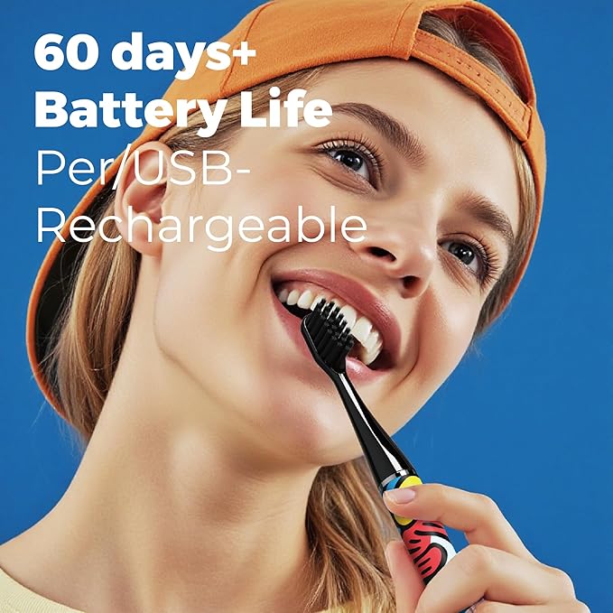 MIPOW Brush GO SlimPro i4 Electric Toothbrush Rechargeable Smart Ultra Sonic 3 Modes Travel Case &amp Ceramic Dock 60Day Battery Soft Bristles 2 Heads IPX7 Waterproof Color-Popart Edition