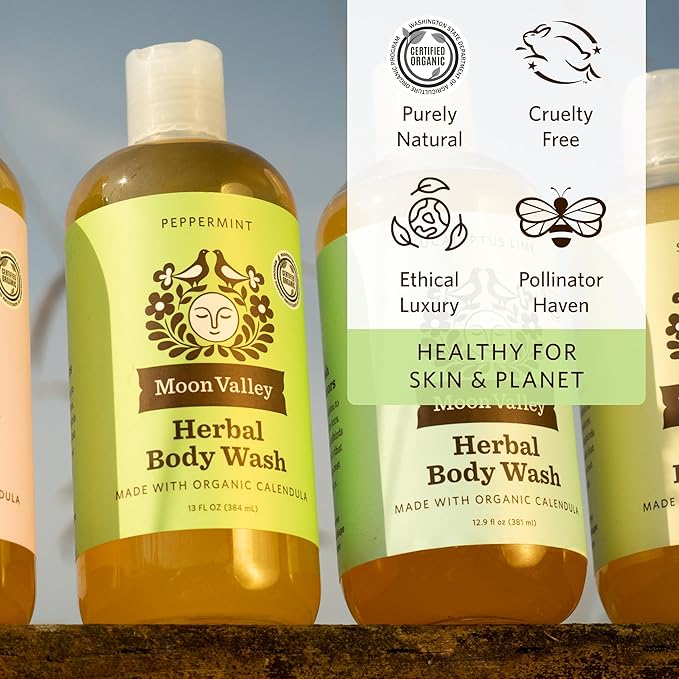 Herbal Body Wash Peppermint by Moon Valley All Natural Ingredients No Parabens Vegan Moisturizing Essential Oils Two Pack