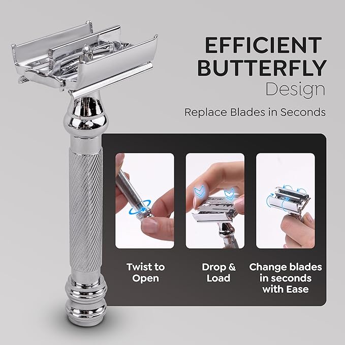 Parker 99R Chrome Long Handle Heavyweight Butterfly Open Double Edge Safety Razor for Men | 5 Parker Premium Platinum Double Edge Razor Blades Included | Iconic Brand