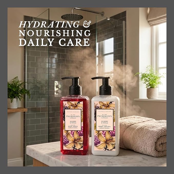Pecksniff's Body Care Duo Tin Box – Wildwood Mulberry &amp Vanilla 300ml Body Wash and 300ml Body Lotion Gift Set Luxury Skincare Collection with Reusable Tin Moisturizing &amp Nourishing for Dail