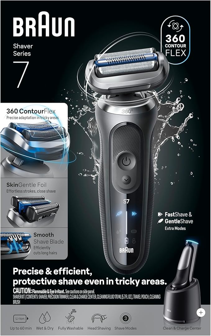 Braun Electric Shaver for Men Series 7 7171cc Wet &amp Dry Shave Turbo &amp Gentle Shaving Modes Waterproof Foil Shaver with Precision Trimmer Space Grey