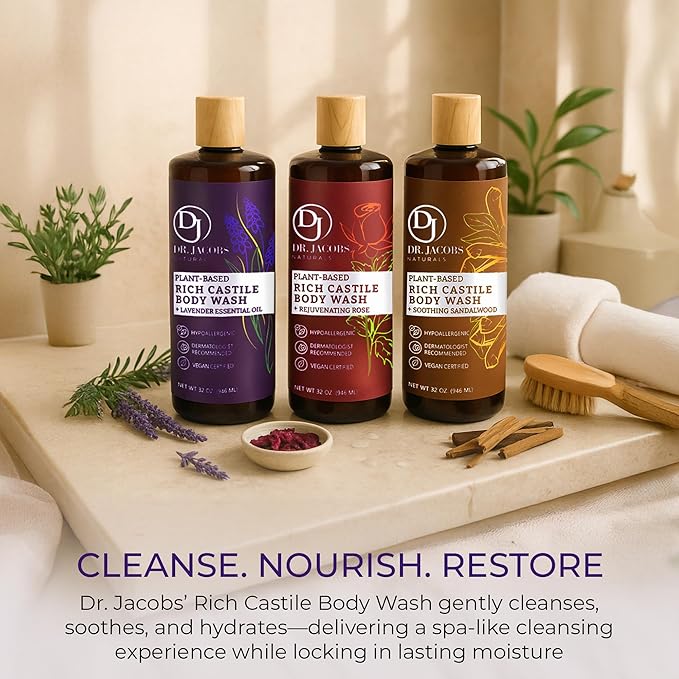 Dr. Jacobs Naturals Castile Lavender All-Natural Body Wash for Moisturizing Dry and Sensitive Skin with Plant-Based Ingredients with Pump - 32 Ounce