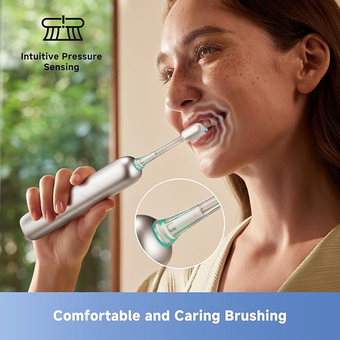 Mova Fresh Pro Electric Toothbrush with App 3DClean Rechargeable Electric Power Toothbrush for Adults 2 Brush Heads &amp Travel Case 3-in-1 Replacement Brush Head with Holder Matte Silver