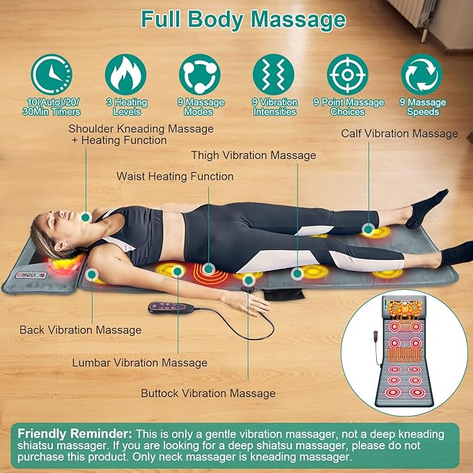 Full Body Massage Mat with Heat Multifunctional Massage PadNeck Back Massager Full Body Relaxation Seat Chair Pad with 10 Vibration Motors Timer for Indoor Bed Sofa Chair Anti-Slip Bottom