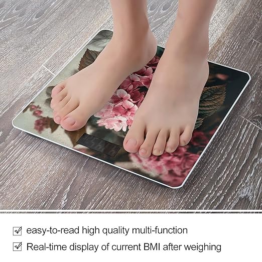 Pink Flowers Digital Bathroom Scale for Body Weight Weighing Scale with Backlit LCD Display High Precision Measurements &amp Measures Weight Up to 180kg