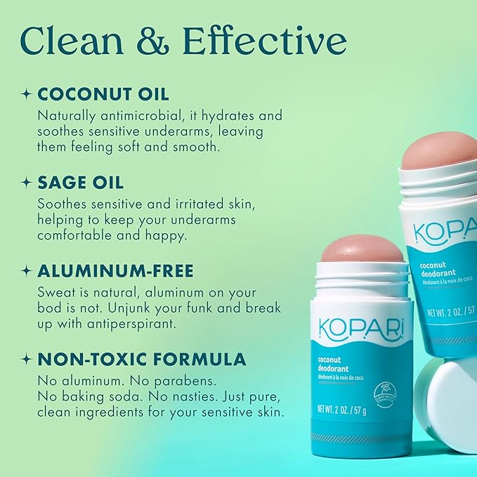 Kopari Aluminum Free Coconut Deodorant Non Toxic &amp Clean Plant-Based No Aluminum Parabens or Baking Soda Long Lasting Protection Charcoal 2 Pack