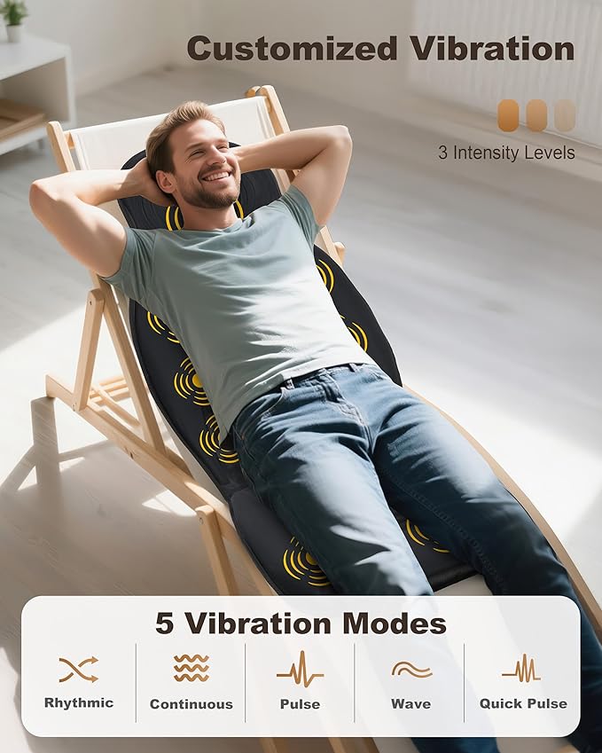 Beleduc Back Massager for Chair with Heat Massage Chair Pad for Pain Relief Massage Seat Cushion with 9 Vibration Motors 3 Heating Areas 30/60/90 Minute Timer Home Office Relaxation