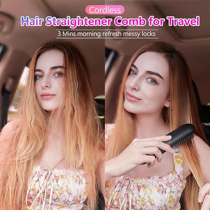 LCD Screen Cordless Hair Straightener and Curler 2 in 1 Rechargeable Portable Mini Travel Negative Ionic Hair Straightening Brush for Women Fast Heating Hot Comb for Women Black