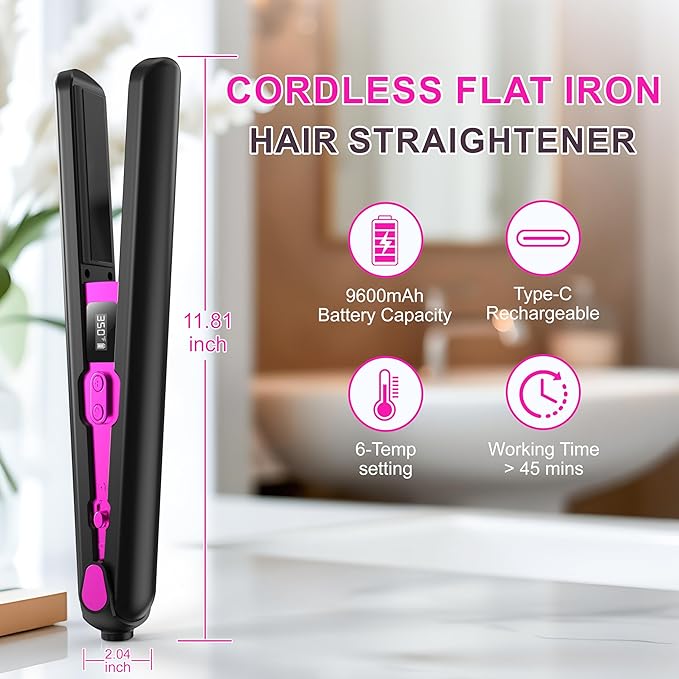 2-in-1 Cordless Flat Iron Hair Straightener &amp Curlerr Rechargeable Cordless Hair Straightener with 9600mAh Battery LCD Display Negative Ion Tech 6 Adjustable Temps Heat-up in Seconds for Home