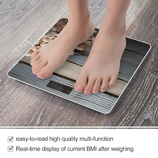 Seashells on Wooden Board Scale for Body Weight Anti-Slip Tempered Glass Digital Bathroom Scales Clear LCD Display Weighing Scale Safe Rounded Corners Smart Scales