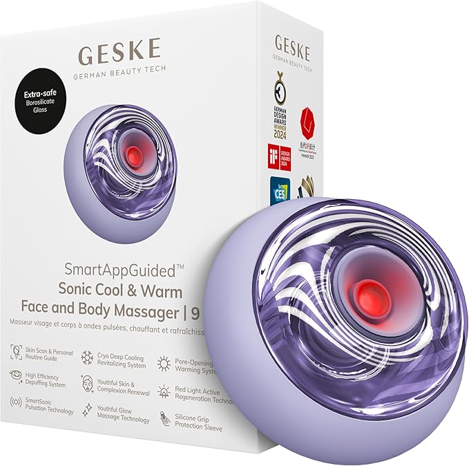 GESKE SmartAppGuided™ Sonic Cool &amp Warm Face &amp Body Massager | 9 in 1 | Electric Massager | Face &amp Body | Battery-Free Cooling &amp Warming | Firms Relaxes &amp De-Puffs Skin | with Sma
