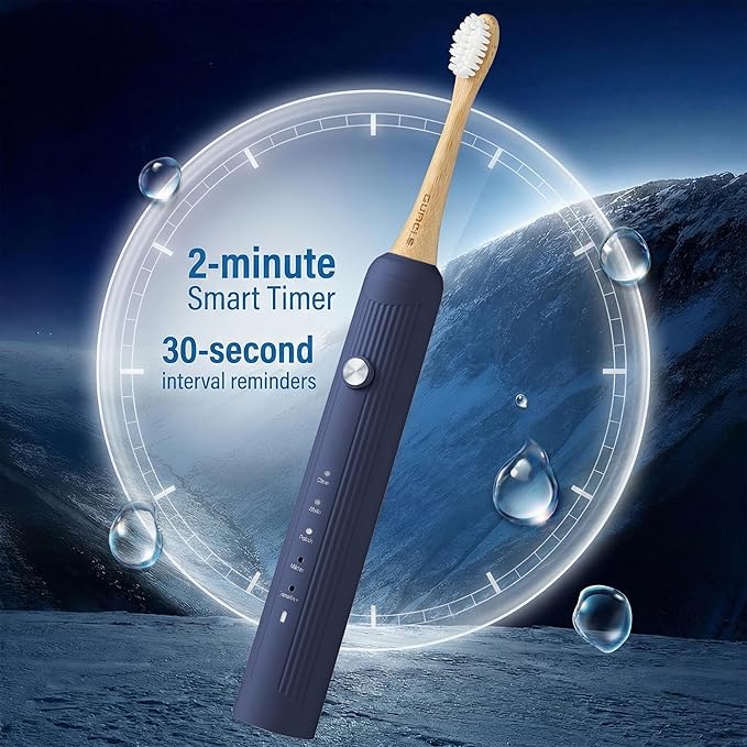 Bamboo Electric Toothbrush for AdultsSonic Electric Toothbrush with 4 Bamboo Heads Soft Castor Oil Bristles 5 Modes Smart Timer Sonic Technology IPX7 Waterproof 70-Day Battery Life-Navy