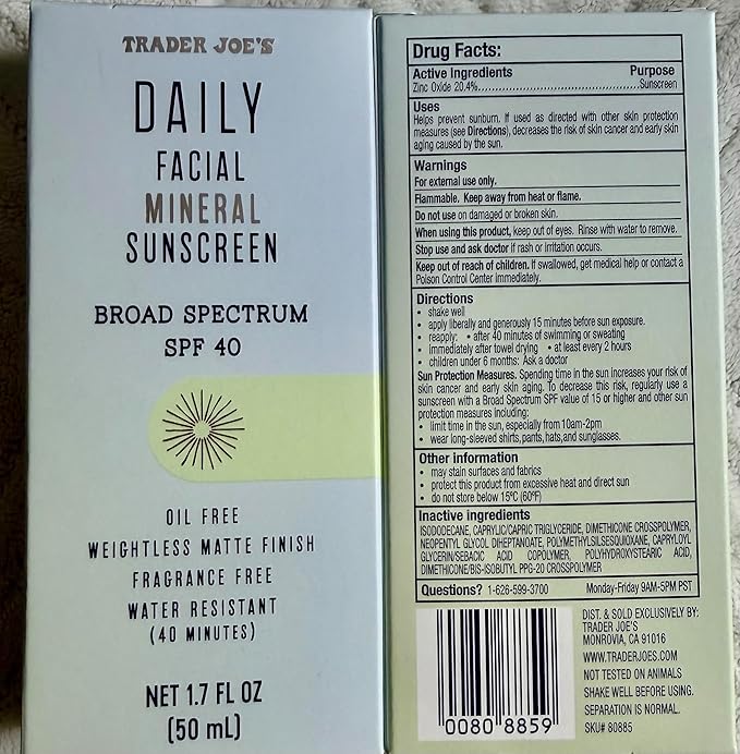 Trader Joe's Daily Facial Mineral Sunscreen Broad Spectrum SPF 40 Oil Free Fragrance Free Matte Finish Water Resistant 1.7 fl oz (pack of 2)