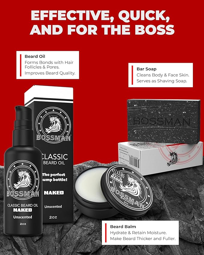 Bossman Starter Beard Kit for Men – Beard Oil (2 oz) Beard Balm &amp Bar Soap – Natural &amp Organic Grooming Kit – Made in the USA Men Gift Set (Naked – Unscented)