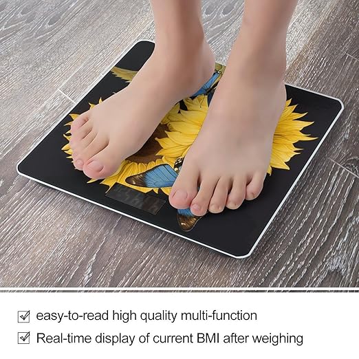 Yellow Sunflowers with Blue Butterflies Bathroom Scale for Body Weight Bathroom Weighing Scale with Backlit LCD Display Highly Accurate Measures Weight Up to 180kg