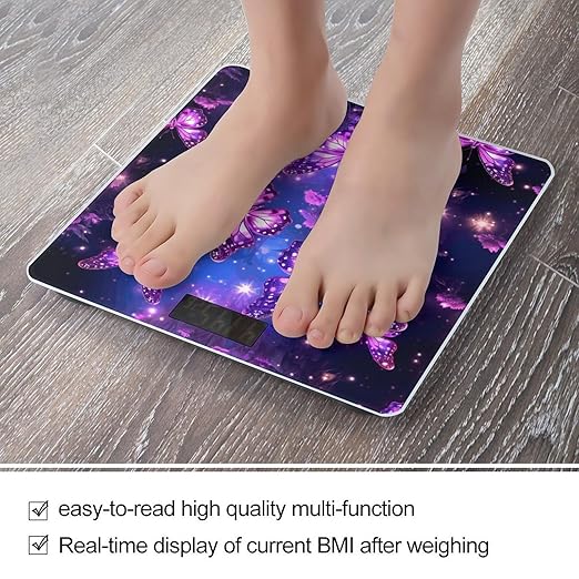 Purple Cute Butterfly Print Digital Bathroom Scale for Body Weight Weighing Scale with Backlit LCD Display High Precision Measurements &amp Measures Weight Up to 180kg