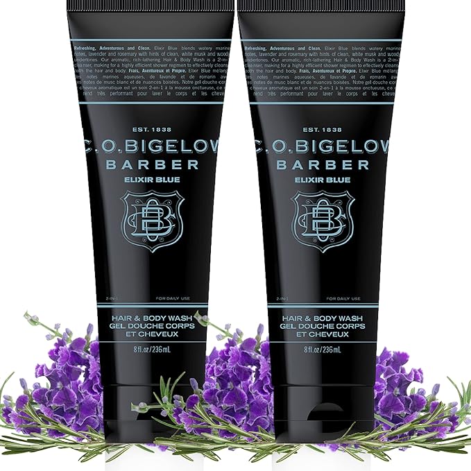 C.O. Bigelow Elixir Blue Hair &amp Body Wash for Men Pack of 2 Men's Watery Marine Moisturizing 2 in 1 Shampoo &amp Body Wash 8 Fl Oz