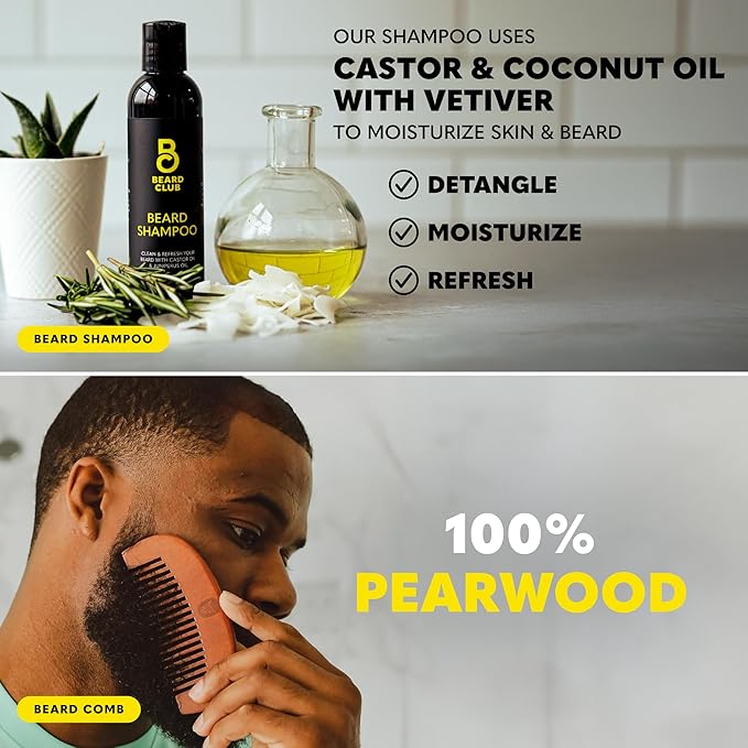 The Beard Club Titanium Beard Growth Kit - Derma Roller Growth Oil Vitamins Vitamin Spray Biotin Balm Thickening Conditioner Shampoo Straight Razor Scissors Comb Cleansing Spray - Gift Set