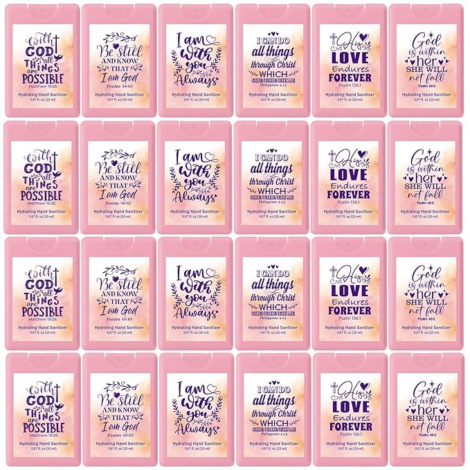 Frienda 24 Pcs Christian Gifts for Women Travel Size Hand Sanitizer Spray Bulk Mini Power Mist Religious Inspirational Gift for Baptism Christian Church Group Women's Day Easter Party Favor(Cute)
