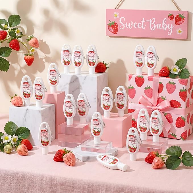 Leelosp 30 Pcs Mini Sunscreen Spf 30 with Carabiner Bulk Travel Size 1 Fl oz Water Resistant Sunblock Lotion Party Favors for Guests Berry Sweet Baby Shower Strawberry Theme Gifts